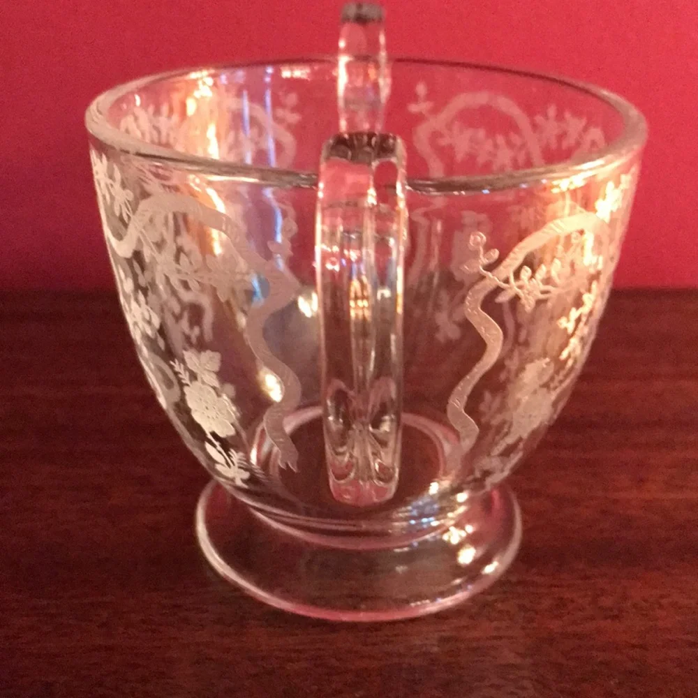 Antique Vintage Etched Roses & Ribbons Bows Sugar Bowl & Creamer Glass Set